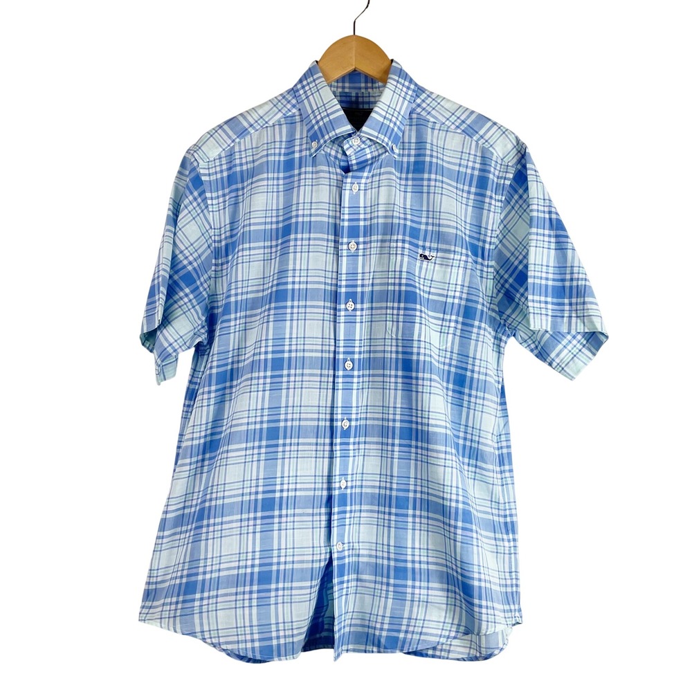 Vineyard Vines Tucker Shirt Men's M Blue White Plaid Short Sleeve Cotton Preppy